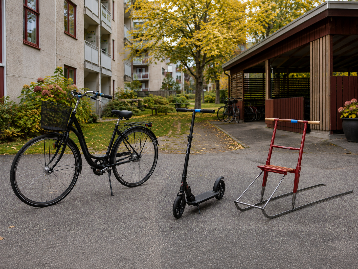 Exempel på märkta fordon som har blå tejp på sig. En cykel, kickbike och spark.